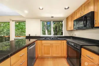 Wood cabinets  Stainless side by side refrigerator, with freezer drawer    Microwave / dishwasher/ cooktop  Double sink with spray wand and soap pump  Granite tile island with seating  Recessed lighting / picture window above sink  Walk in pantry