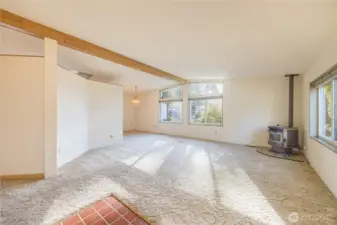 Expansive living room features a pellet stove.