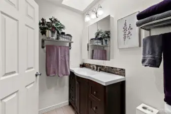 Full bath with updated vanity.  A skylight adds natural light.