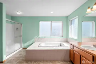 Primary bathroom view with tiled tub surround and fixtures