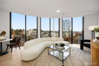 Living room with views of the Cascades from floor-to-ceiling windows