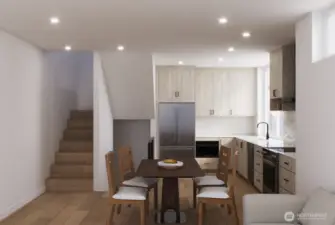 Rendering kitchen with stairs to primary