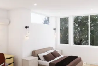 Rendering primary bedroom with large windows
