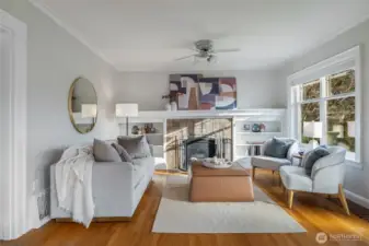 Oak Hardwoods and a wood-burning fireplace