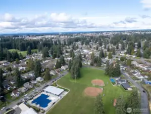 this aerial view shows how close you are to Fircrest Park and Community Center, right across the street!