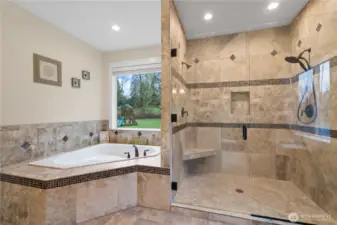 Primary bath large tile shower and soaker jacuzzi tub