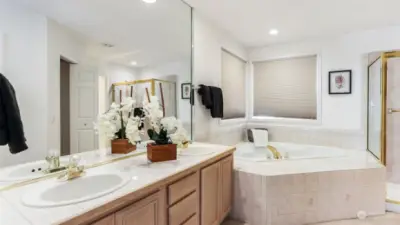 Enter to the 5 piece primary en suite with double sink vanity, large soaker tub and tons of light.