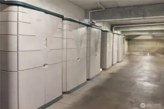 Convenient storage unit located just steps from the garage space.