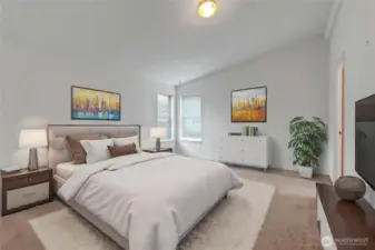 Primary suite is good size and includes a walk-in closet and large bath.  This has been virtually staged here for your enjoyment.
