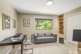 Additional bedroom features large closet + custom built-ins—ideal for storage, study, or creative space.