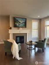 Ornate fireplace in downstairs family room