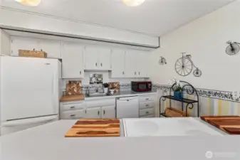Kitchen view with ample storage and counter space.