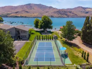 View of pickleball court and waterfront.