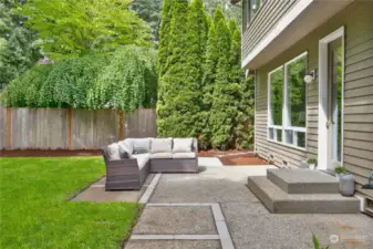 Private, fully-fenced Back Yard with cement Patio is perfect for entertaining al fresco!