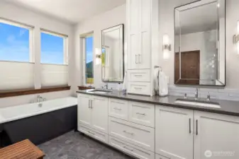 Heated tile floors, double vanity
