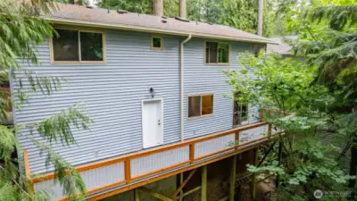 house length new deck and railing with "tree house" privacy