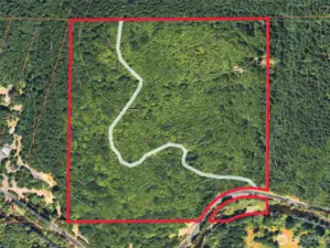 Overhead view with approximate boundaries in red. An approximation of the old road system is noted in white.