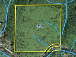 Approximate boundaries in yellow with waterways in blue.