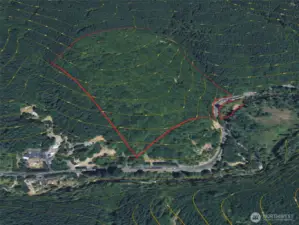 Approximate boundaries in red with topography.
