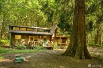 Clerestory windows, deck and lofted upstairs are some of the unique architectural features.
