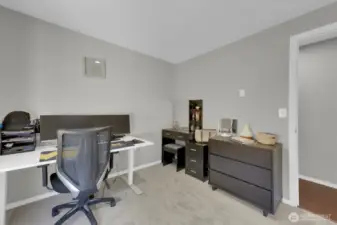 Home office with natural light and new carpet.