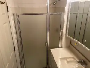 Primary 3/4 Bathroom: Shower with insert and tile. Cultured marble sink and three pane vanity and medicine cabinet.