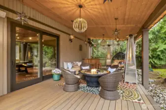The covered lounge area with unique metal lighting with sounds of the waterfall.