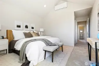 Photos of model home 9752 with similar finishes & floor plan. Another angle of the luxe primary suite—airy, peaceful, and spacious with direct access to your walk-in closet and ensuite bath.