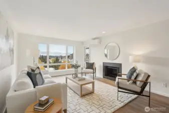 Living room with wood burning fireplace