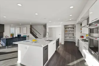 Kitchen with view of living room and butler's pantry