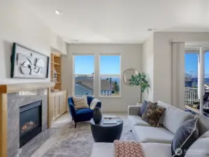 A gas fireplace warms you on cold days.