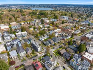Northeast-facing view of Green Lake and Lower Woodland Park, which are blocks away.