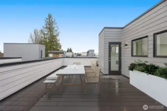 This image is virtually staged. Your private rooftop deck awaits—spacious, sunny, and ready for summer BBQs or serene sunset lounging.