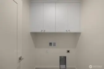 Tucked away, your laundry room includes upper cabinets and hookups for a side-by-side washer/dryer.