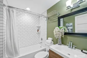 The primary bathroom has been freshly remodeled.