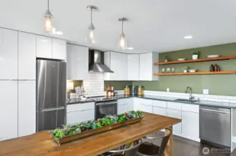Euro inspired with soft close cabinetry, & pull out drawers in the pantry closet (seen on far left in this picture)