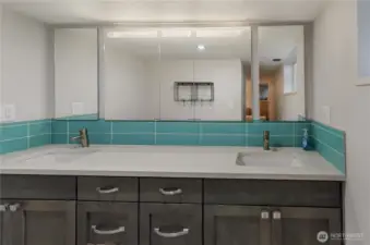 Custom vanity with slab quartz, dual sinks