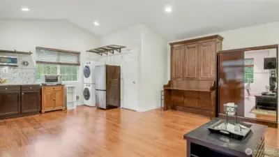 ADU offers vaulted ceilings, recessed lighting, kitchenette, in-unit washer and dryer, and 3/4 bathroom.