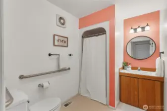 There is a 3/4 bath off the hall between the 2nd bedroom and the kitchen.