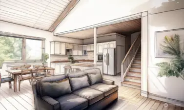Artists rendering of the main level living area, finishes may vary. Primary suite is on the main floor, two bedrooms and a full bath on the upper level.