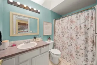 The skylight brightens this full bathroom space.
