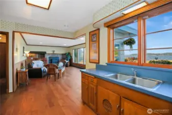 View from the kitchen into the family room.