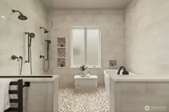 Main floor primary suite  5 piece bath w/ Pental Stella Claudis Quartz Countertops, Soaking Tub, Dual-Shower Heads, Double Vanity, Towel Warmer & "Closet by Design" Walk-in Closet. All Bathrooms w/ Amorho LED Lighting Mirrors.