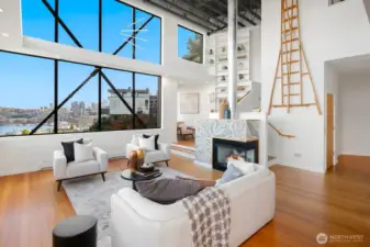 Custom ladder hangs on the wall - designed to easily access ceiling.