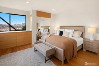 Custom built in dresser has two pull out desks