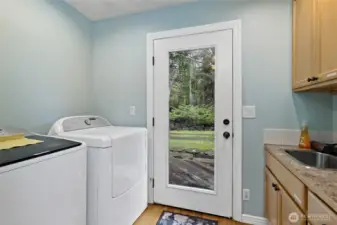 Laundry room with access to back deck.