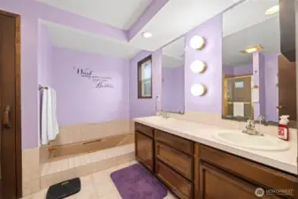 Main House:  Primary Bedroom en suite offers a sunken soaker tub, walk in shower, dual sinks and a sauna!