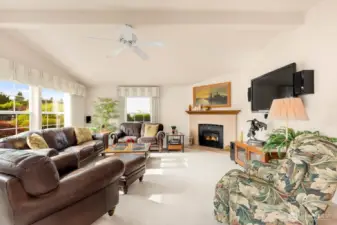 A ceiling fan for the summer & fireplace to keep cozy in the winter...