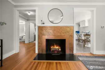 Wood burning fireplace.