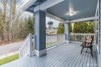 The spacious covered front porch is a fantastic place to relax and enjoy the view of the woods across the street. That space is not buildable, so you'll always have the view!
